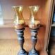 Pair of wooden candle holders and antique glass