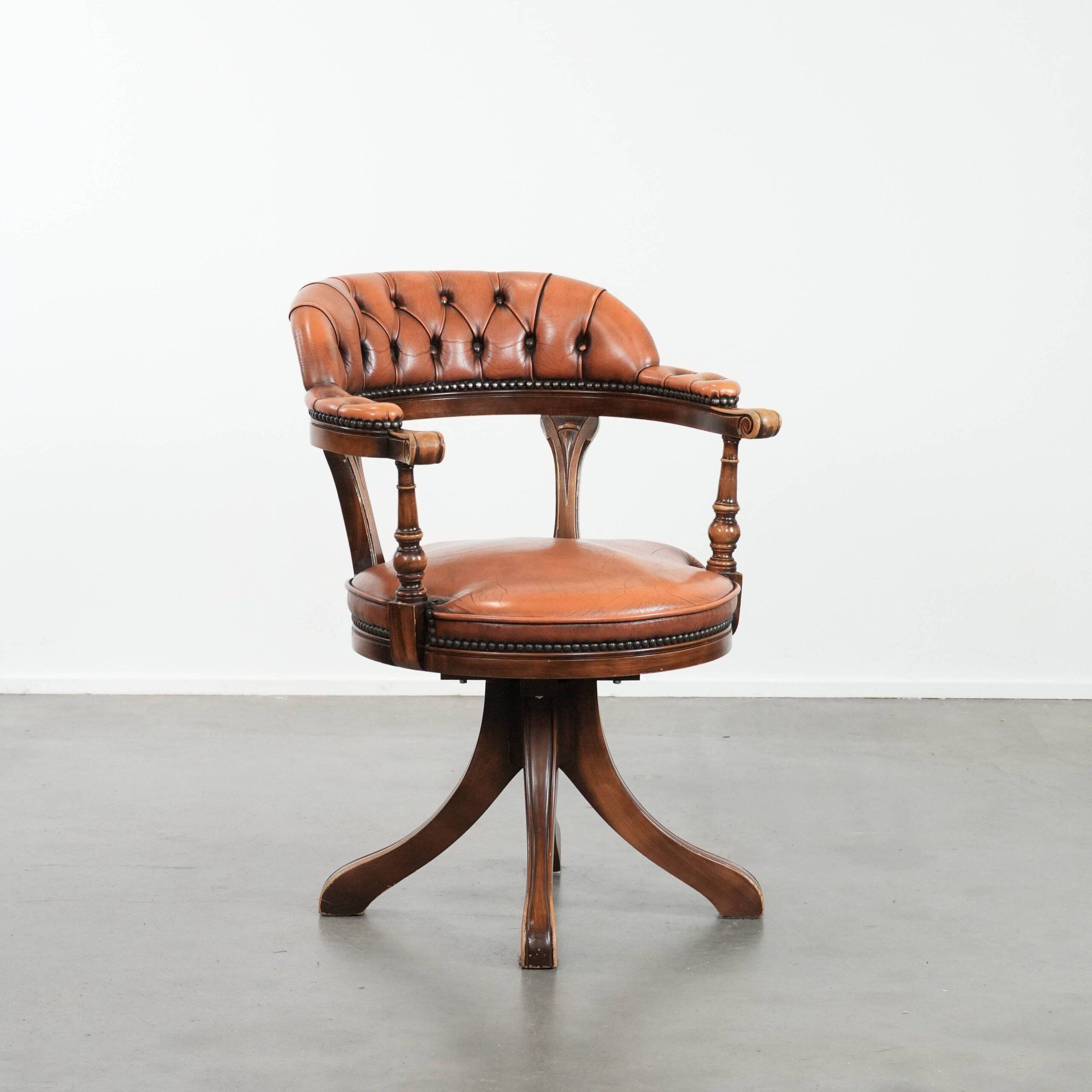 Classic and timeless cow leather and wooden Chesterfield office chair