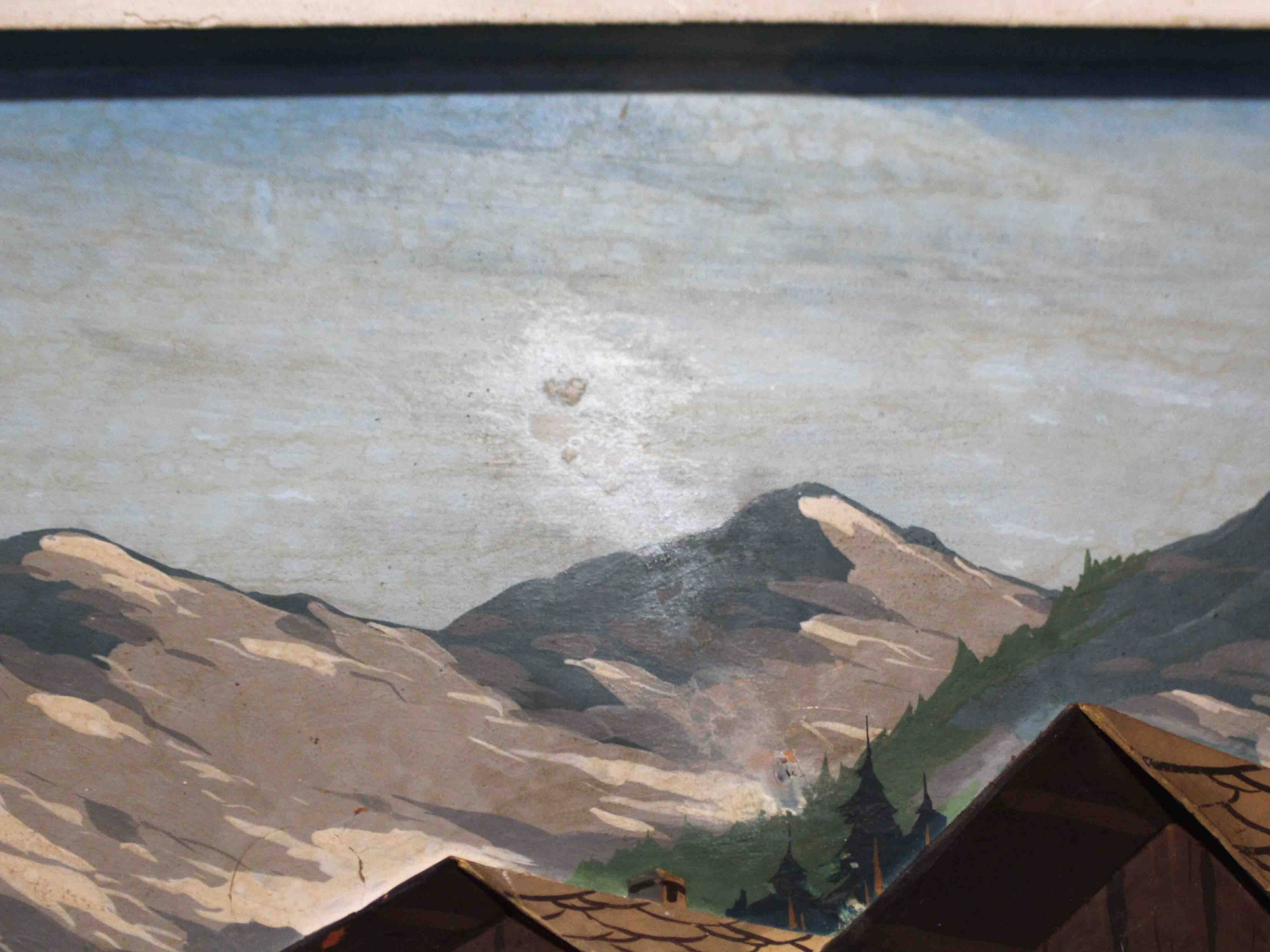Oil on carved panel in relief, Alpine chalet