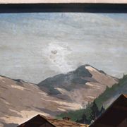 Oil on carved panel in relief, Alpine chalet