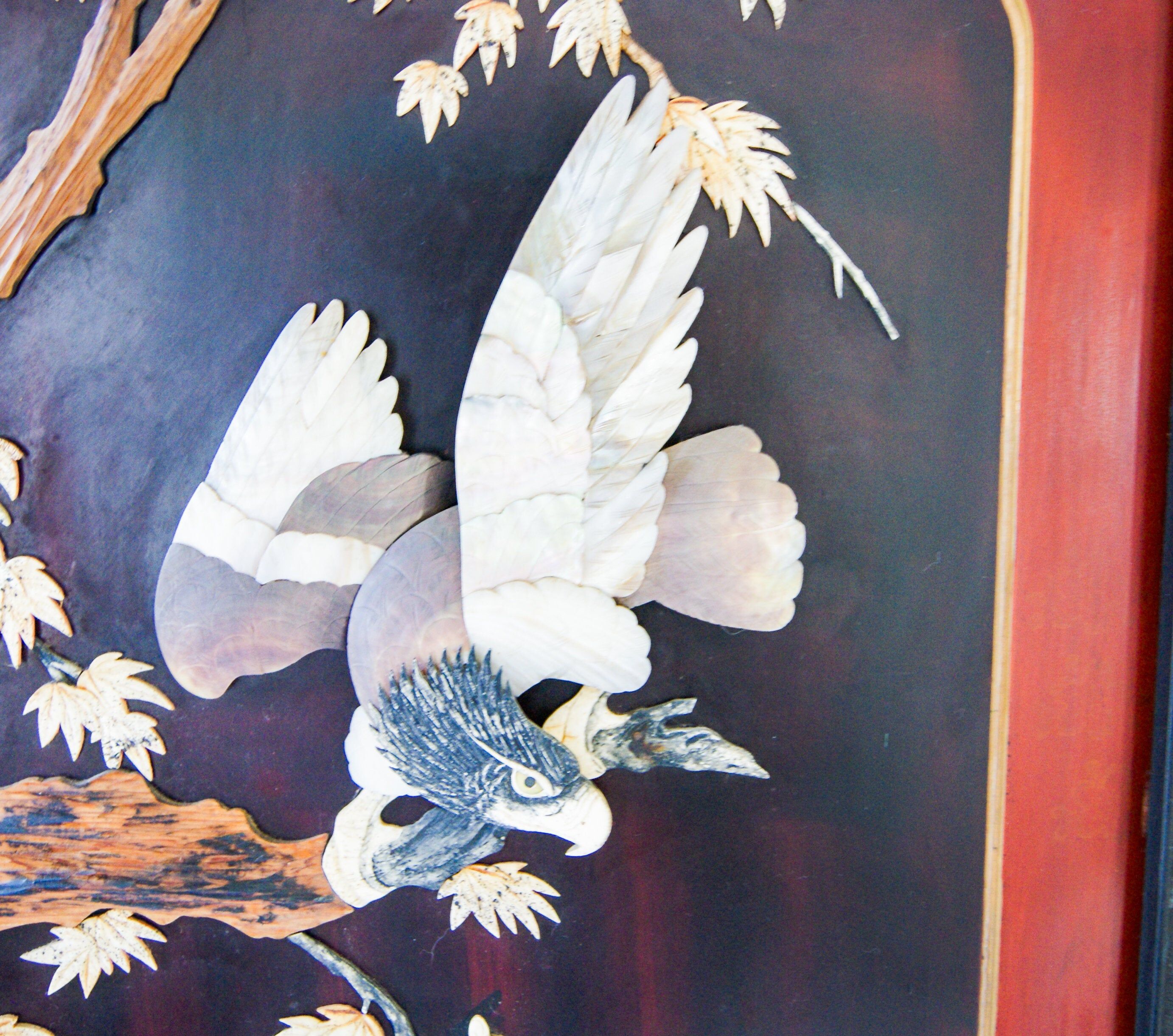 Early 20th century 4 panel room divider folding screen with 3d birds