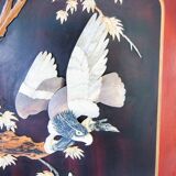 Early 20th century 4 panel room divider folding screen with 3d birds