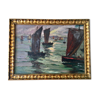 Tableau ancien marine - littoral breton - huile sur bois