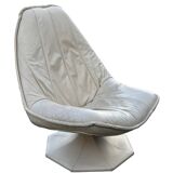 Fauteuil pivotant vintage en cuir crème avec pied octogonal Design 1970
