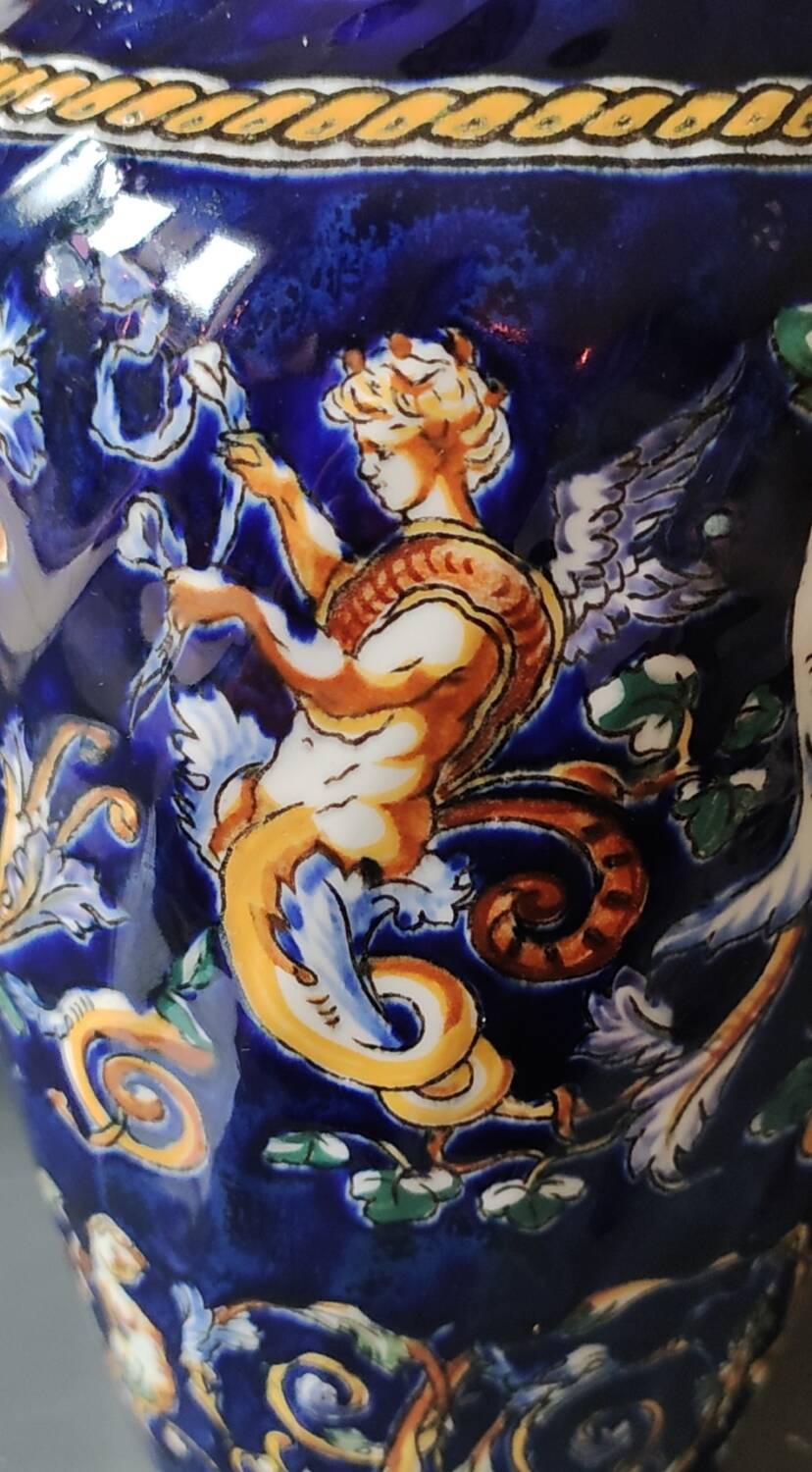 Twisted design vase. Signed Gien France/Renaissance blue background 26 x 13cm