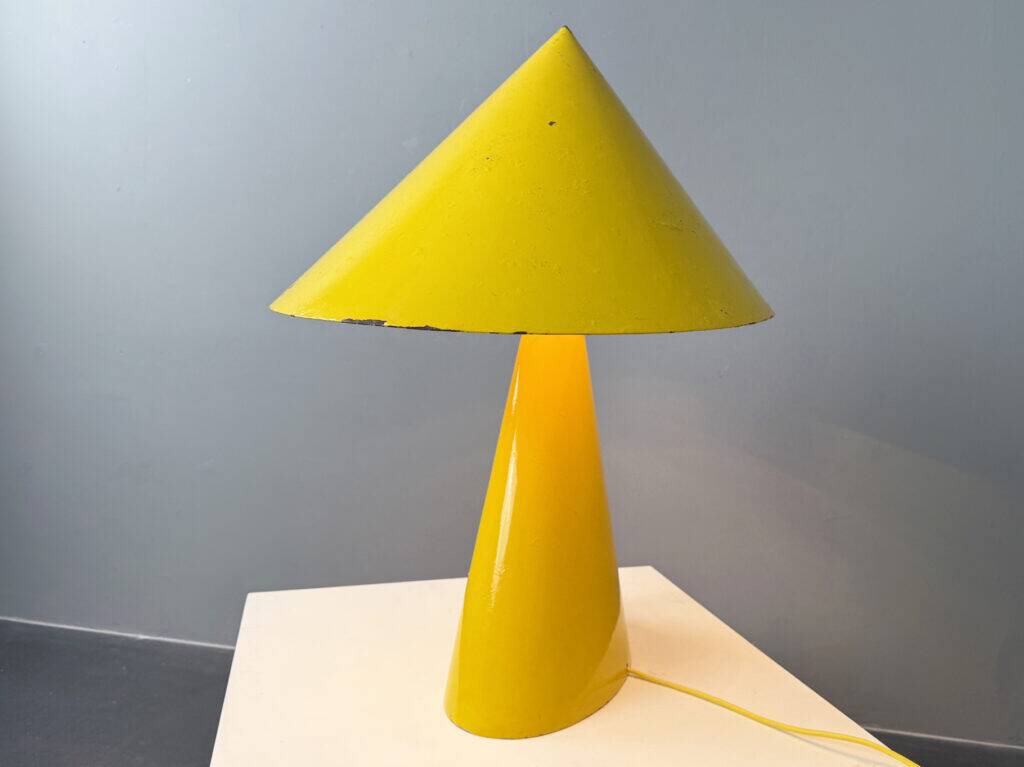 Large yellow table lamp, aluminium and iron, unique piece, custom-made, France, 1950s
