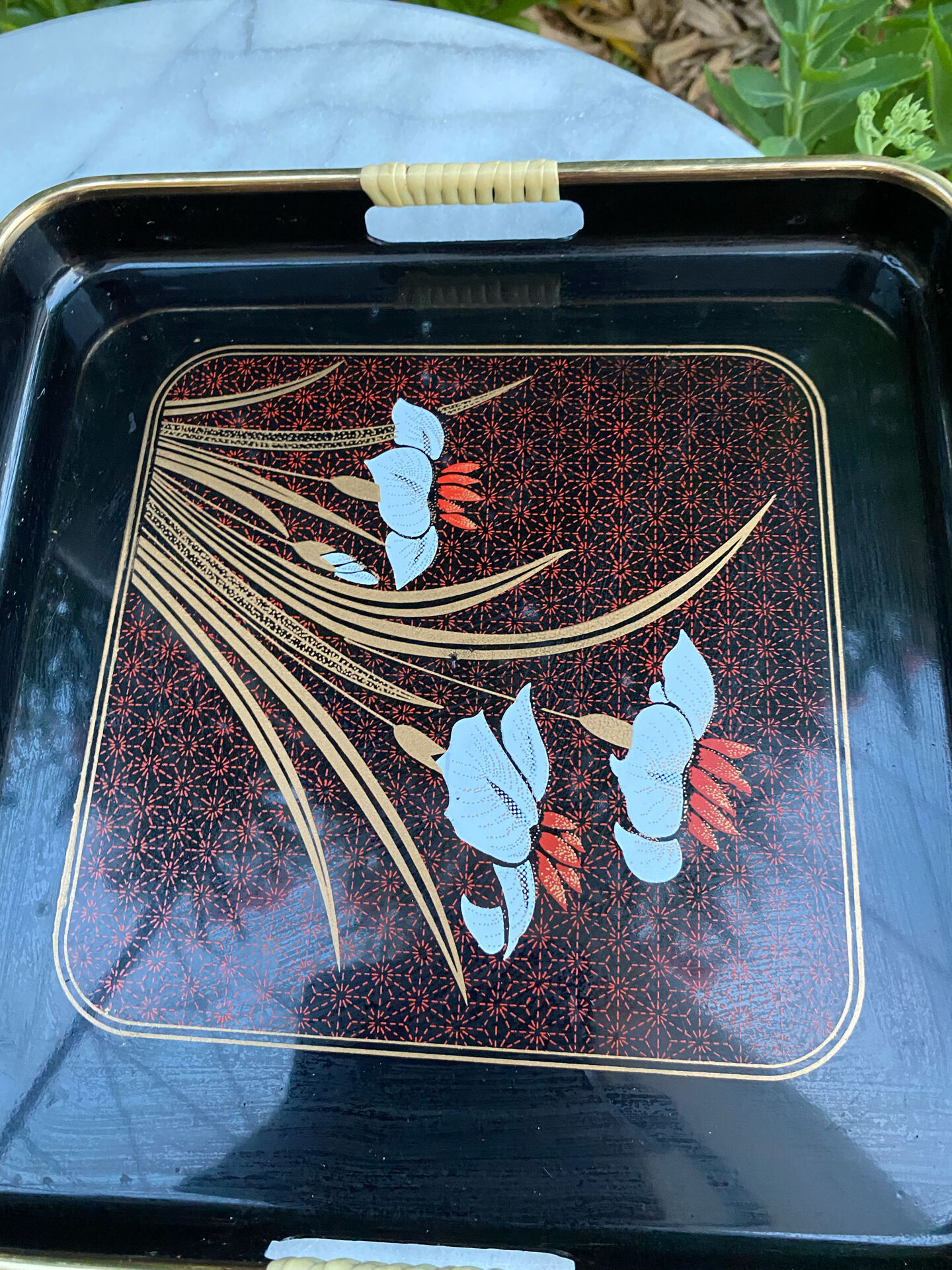 Vintage lacquered nesting tables duo – Floral decor and scoop handles.