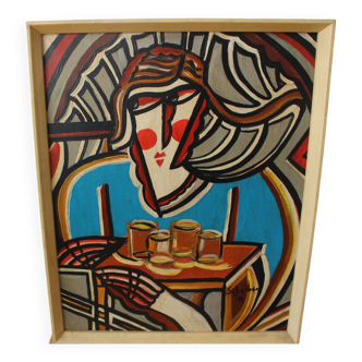 Surrealist Oil Painting of Cubist Style Seated Woman