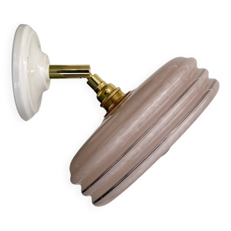 Vintage wall lamp with pink Clichy glass shade and silver edging