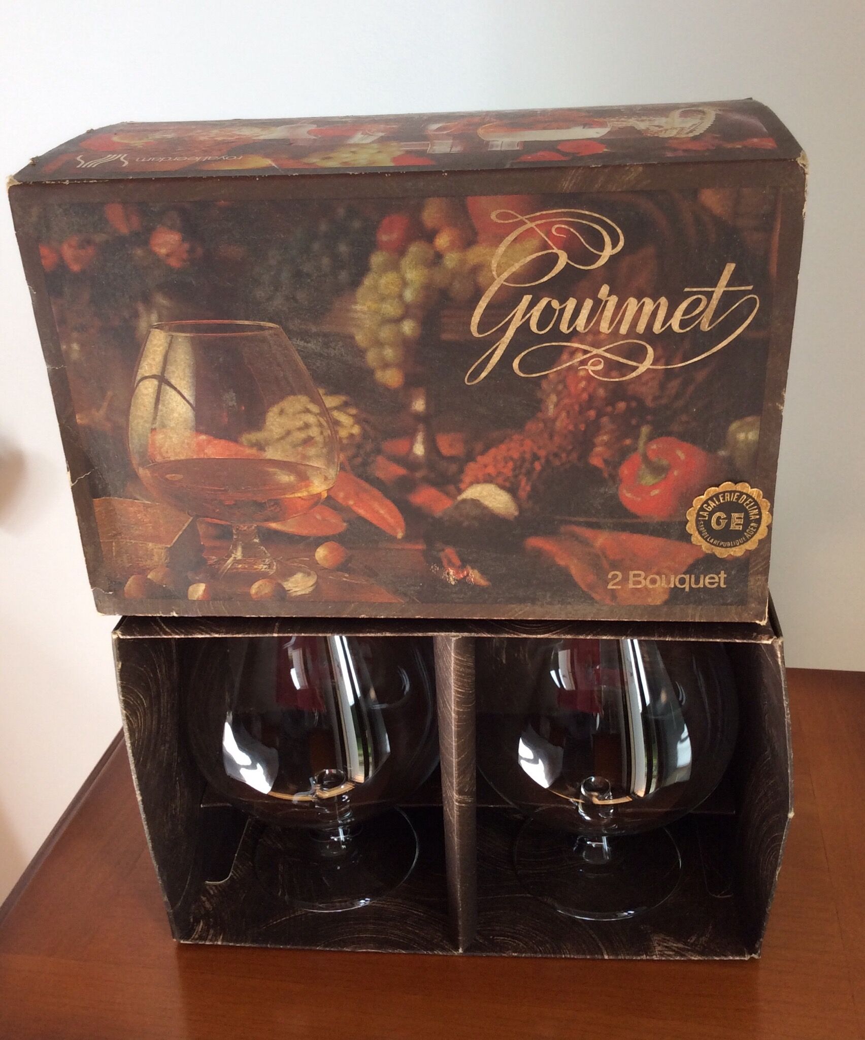 Box of 2 large cognac glasses, brandy called "2 gourmet bouquet" Royal Leerdam
