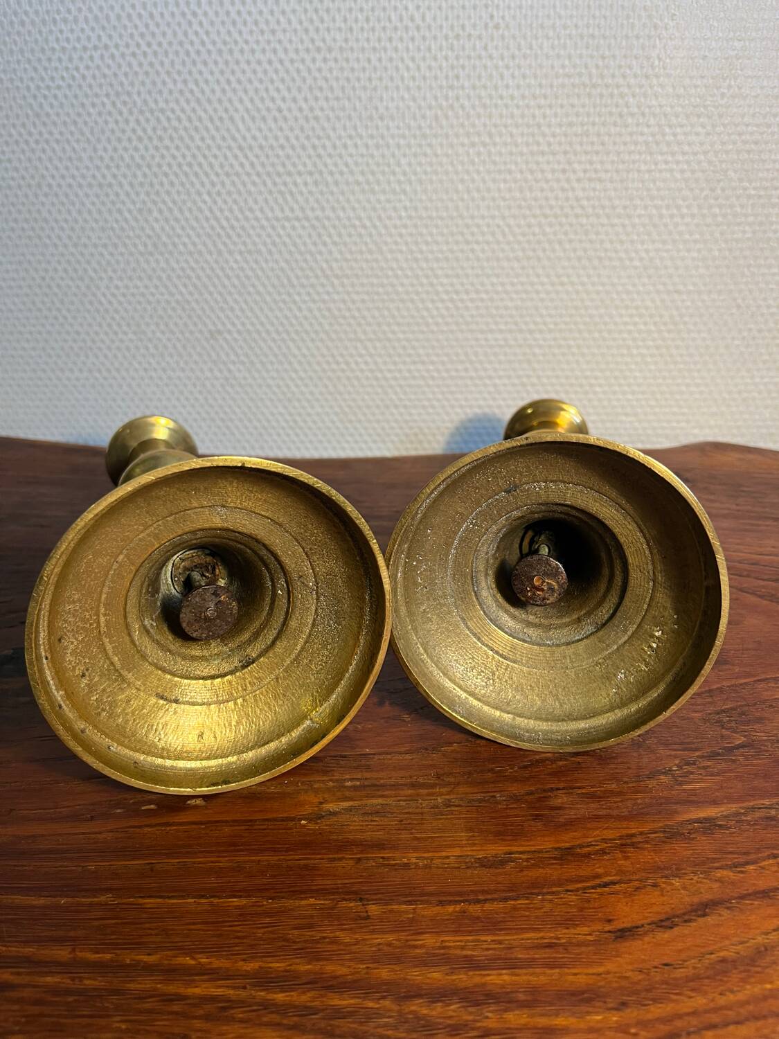 Pair of duo of ringed brass candlesticks