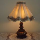 Vintage French Country Style Lamp Turned Wood Base & Layered Fabric Shade