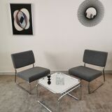 Pair of vintage chrome armchairs and "chicken foot" fabrics