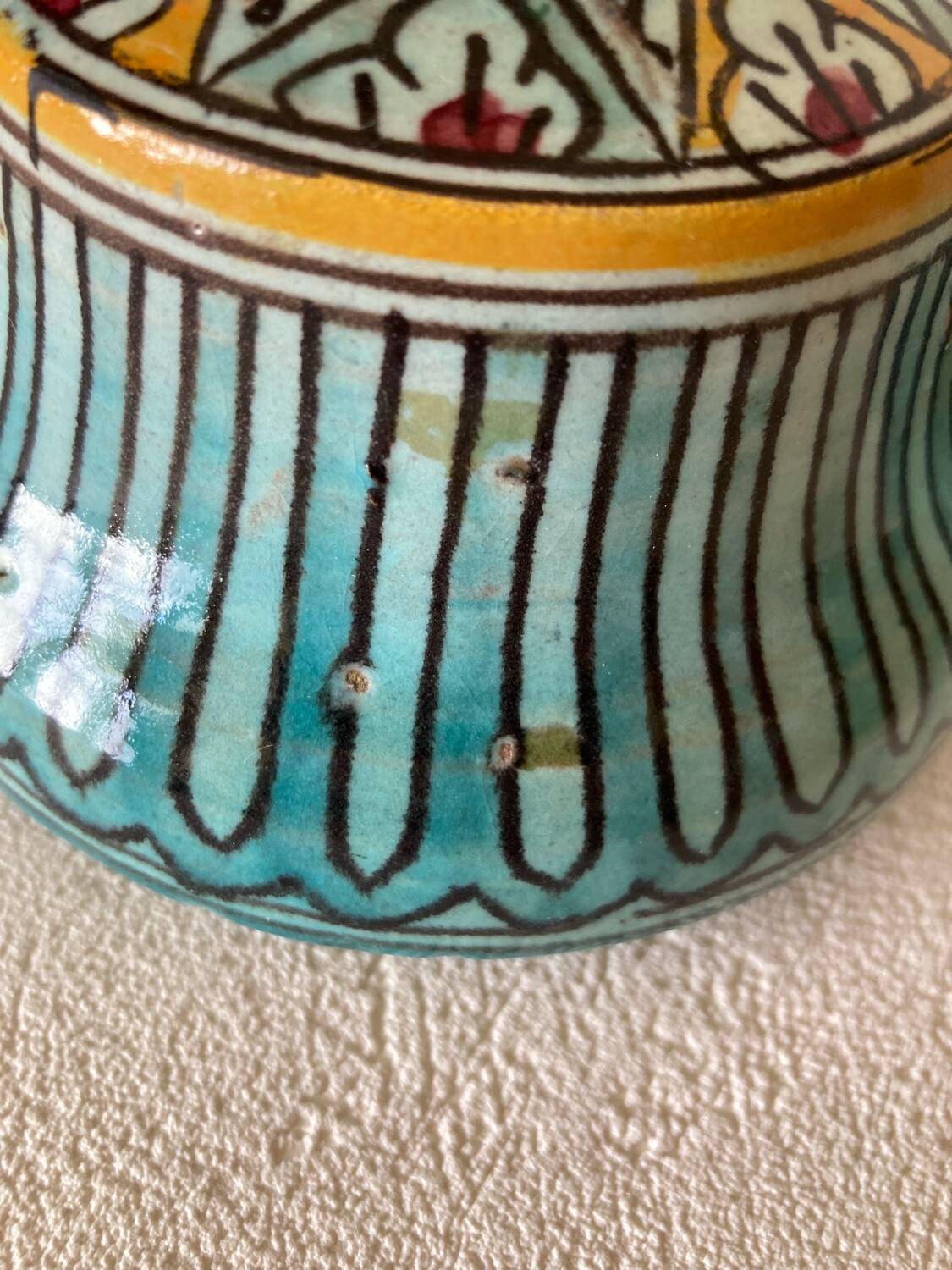 Small butter pot Jobbana Morocco Fez 19th century with centipede and geometric decorations