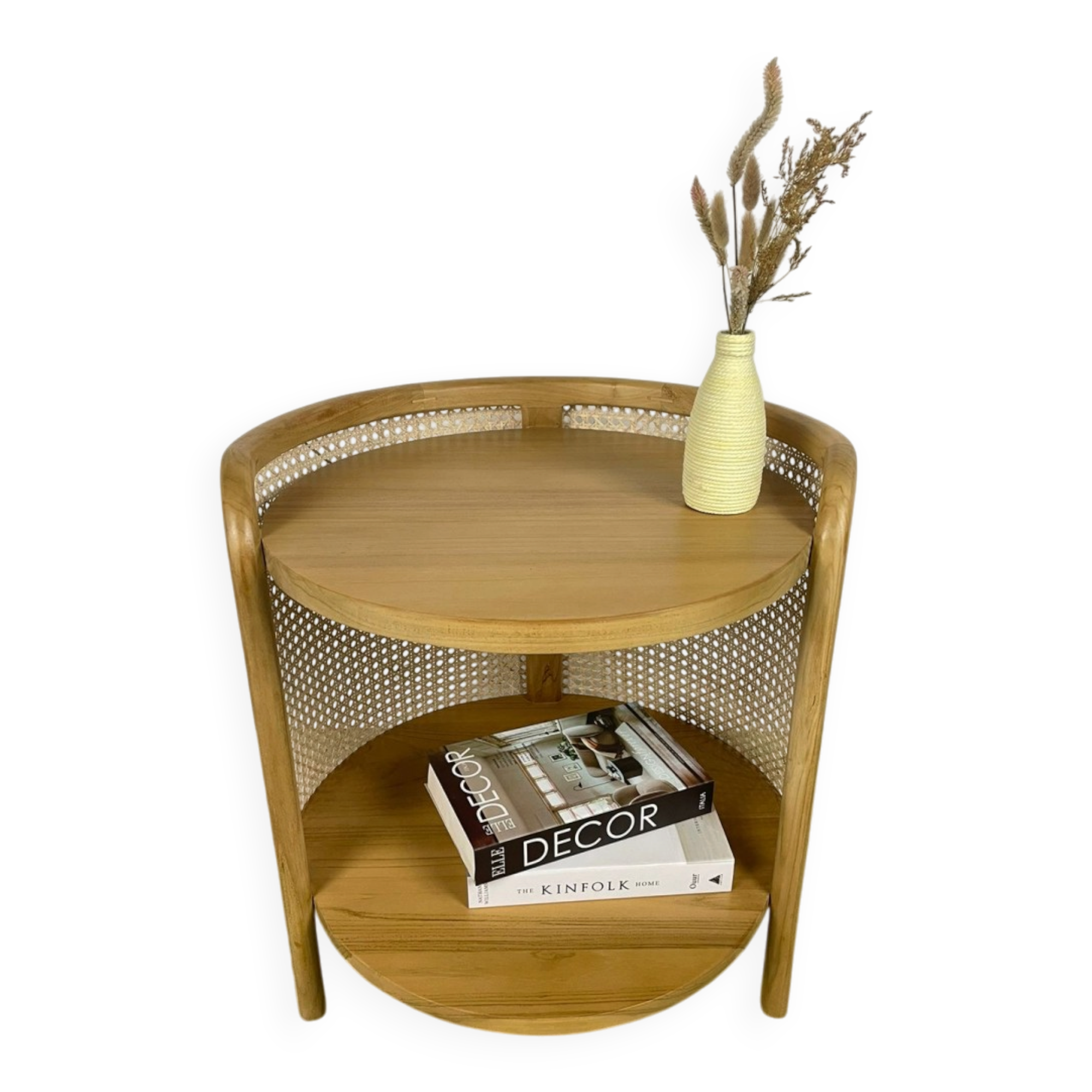 Coffee table made of teak and handcrafted rattan from Indonesia.