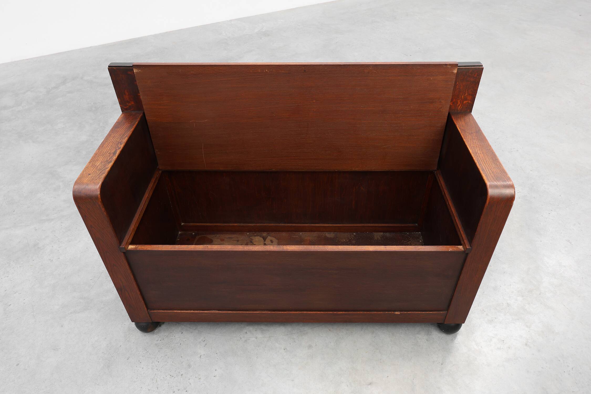 Modernist Art Deco bench with lift-top storage seat in solid oak, Belgium