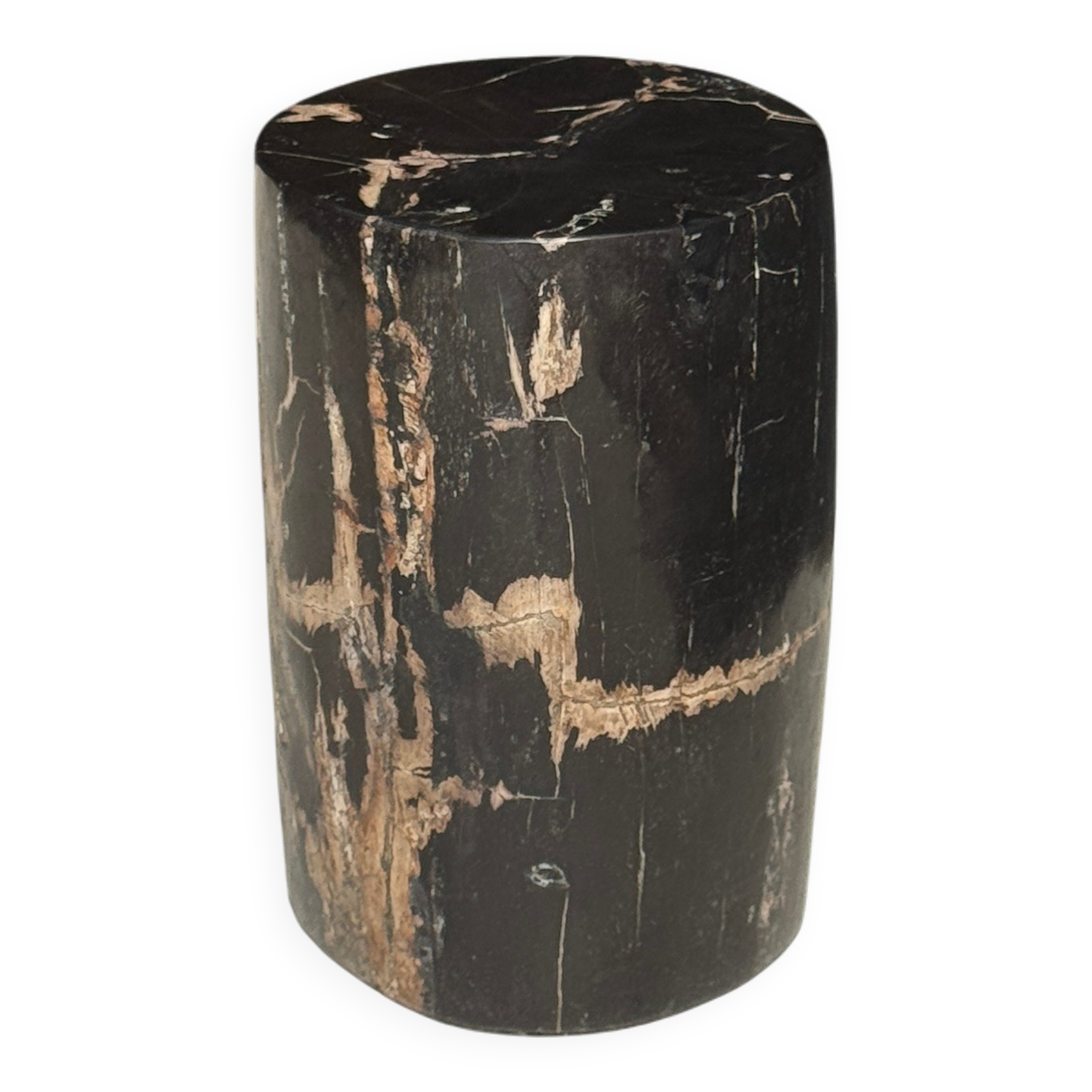 Small side table in black petrified wood with stripes and beige bottom H28.