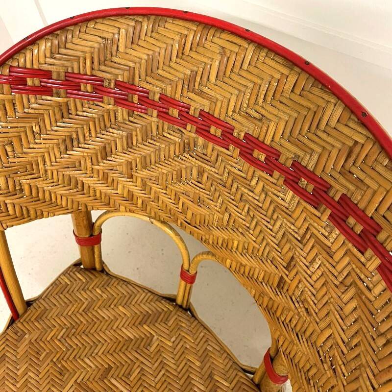 Set of 4 antique chairs in woven red and natural rattan.