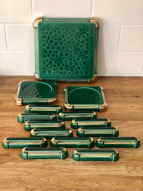 Flat rest, bottle coasters and Art Deco knife holders