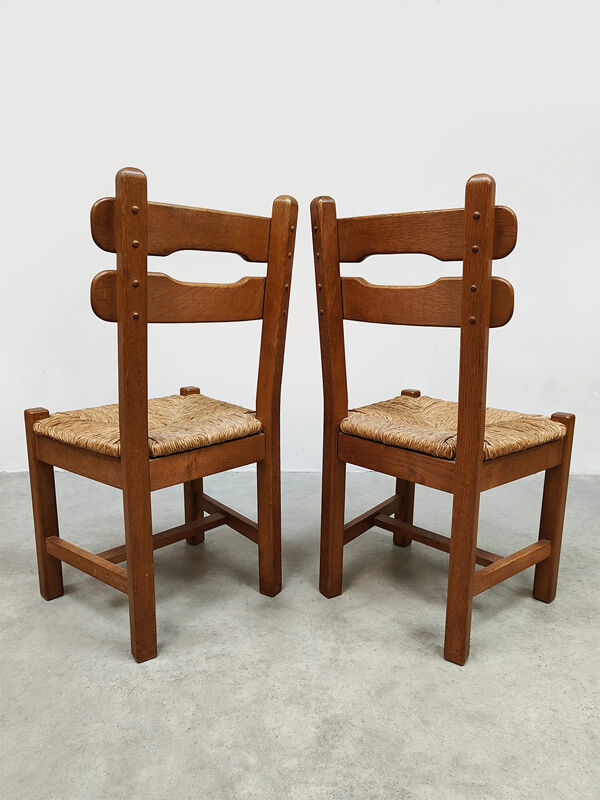 Chaises de salle à manger brutalistes en jonc vintage 1970