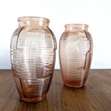 Pair of Art Deco pink moulded glass vases