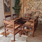 Chaises de salle à manger rustiques en teck et jonc de style français du milieu du siècle (x6)