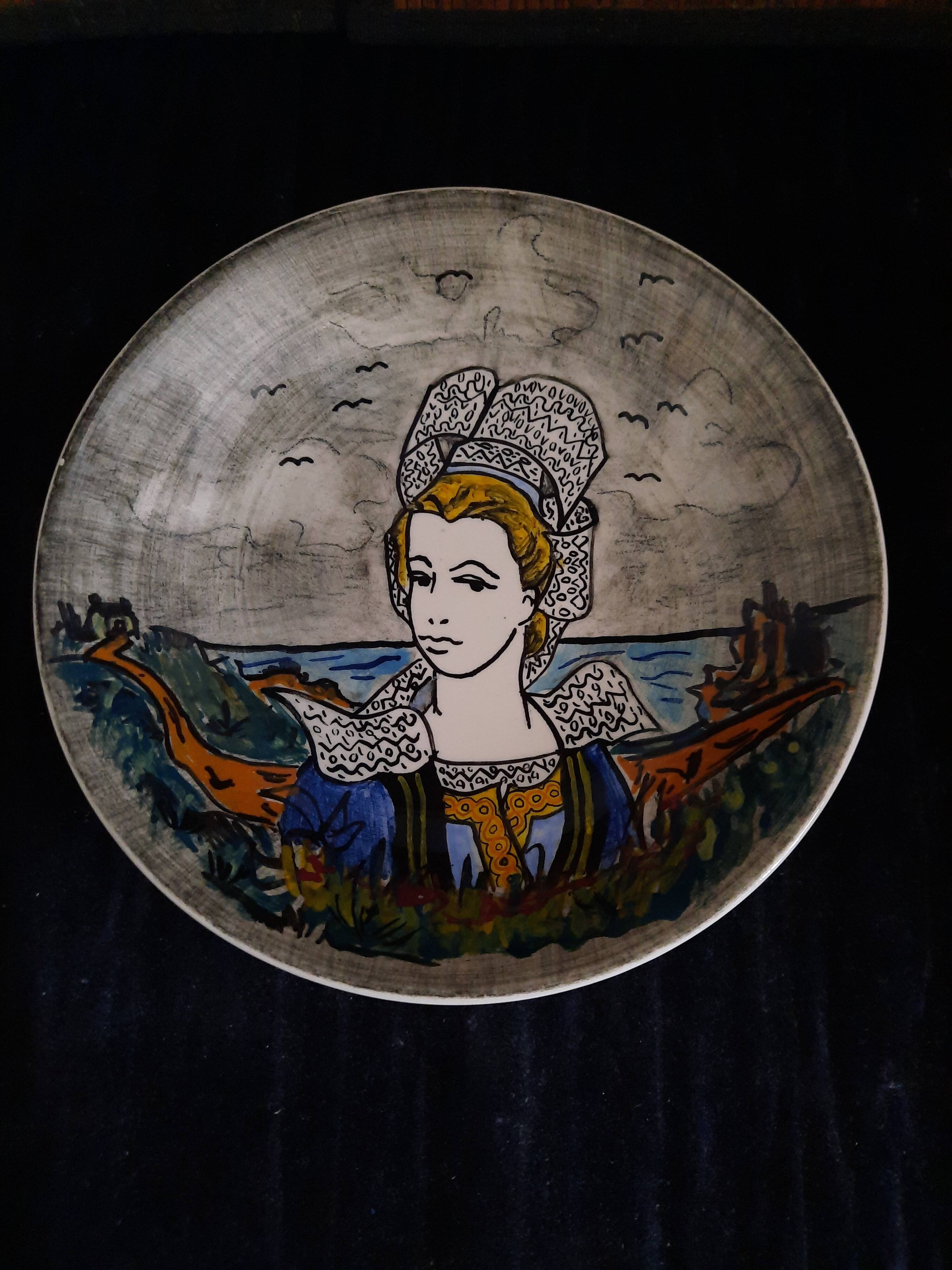 Ceramic Plate Youen Quimper Breton Decor Unique Piece Hand Painted 21,