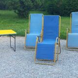 Set of 3 vintage lafuma sun loungers canvas and tubes + table