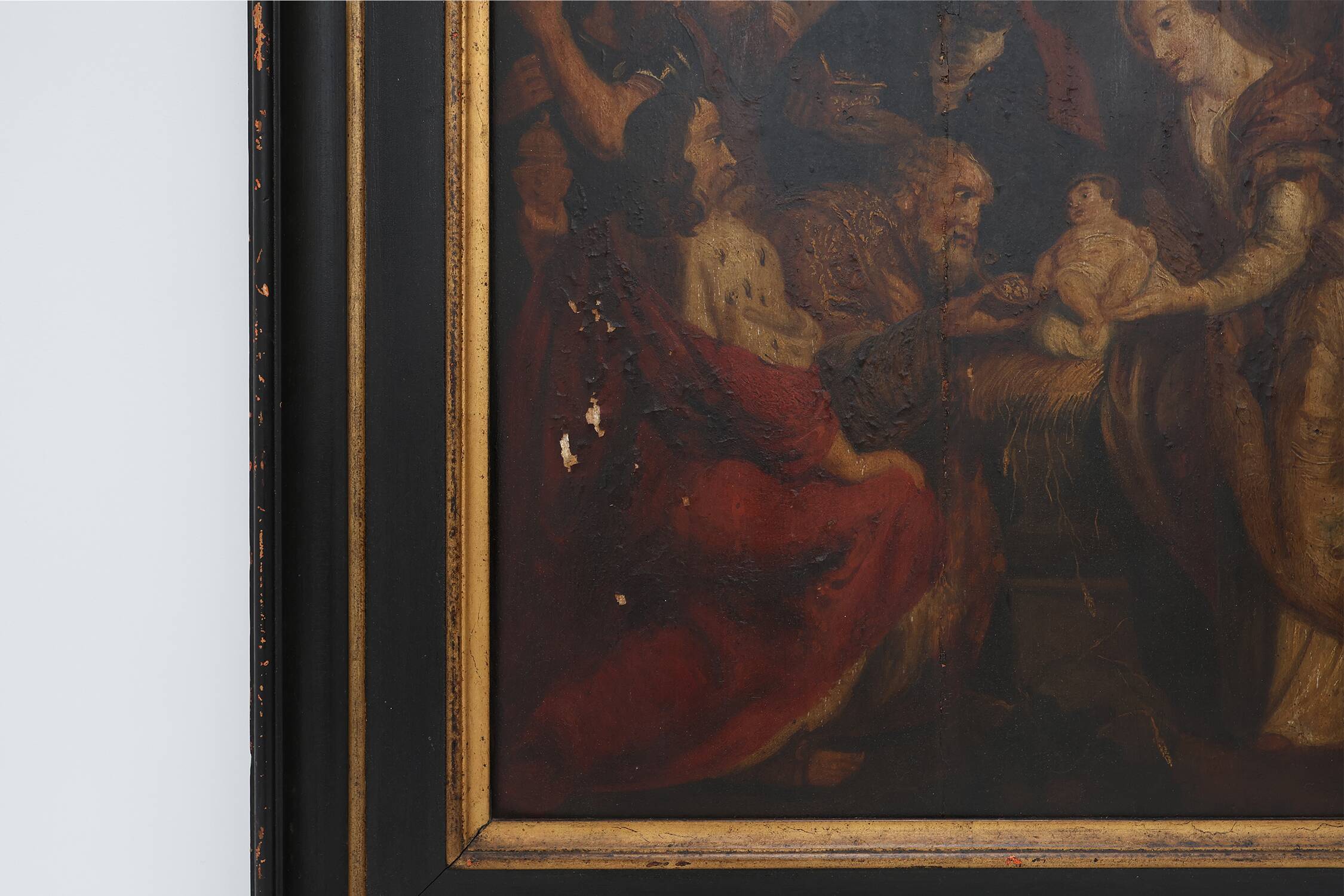 Flemish 18th century framed religious oil on wood painting Adoration of the