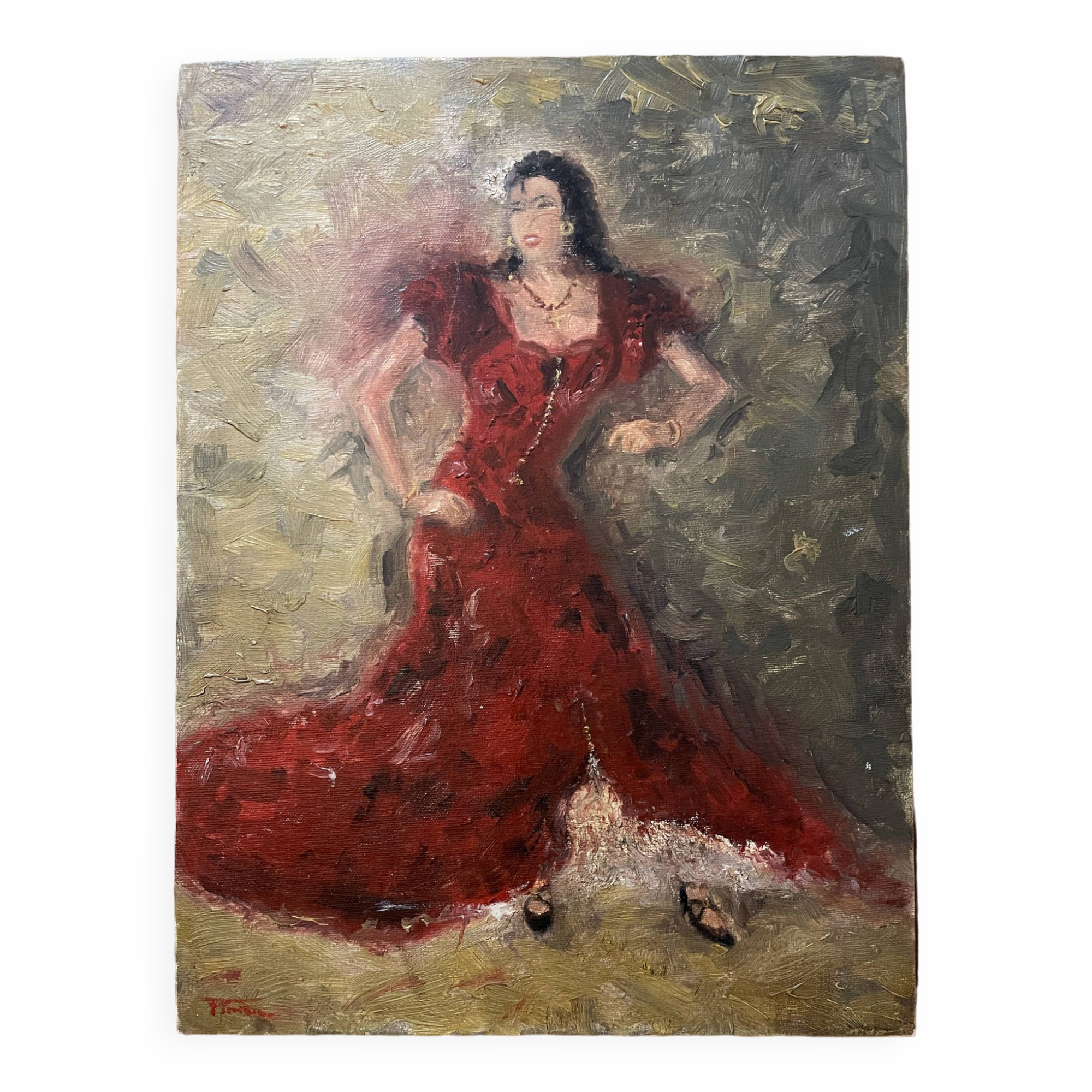 Signed oil painting on cardboard canvas "Flamenco dancer"