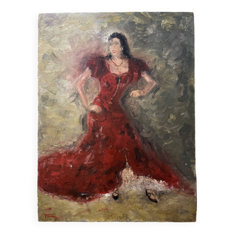 Signed oil painting on cardboard canvas "Flamenco dancer"