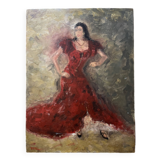 Painting signed oil on cardboard canvas “Flamenco dancer”