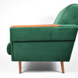 Vintage velvet armchair, 1960s, restored, green bottle