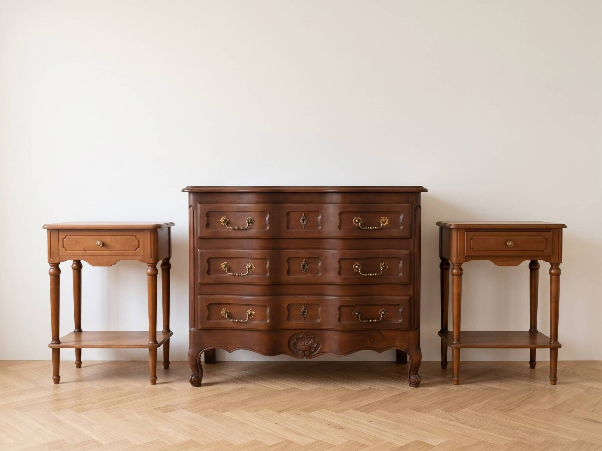 Louis XV style dresser and 2 bedside tables in solid cherry wood.