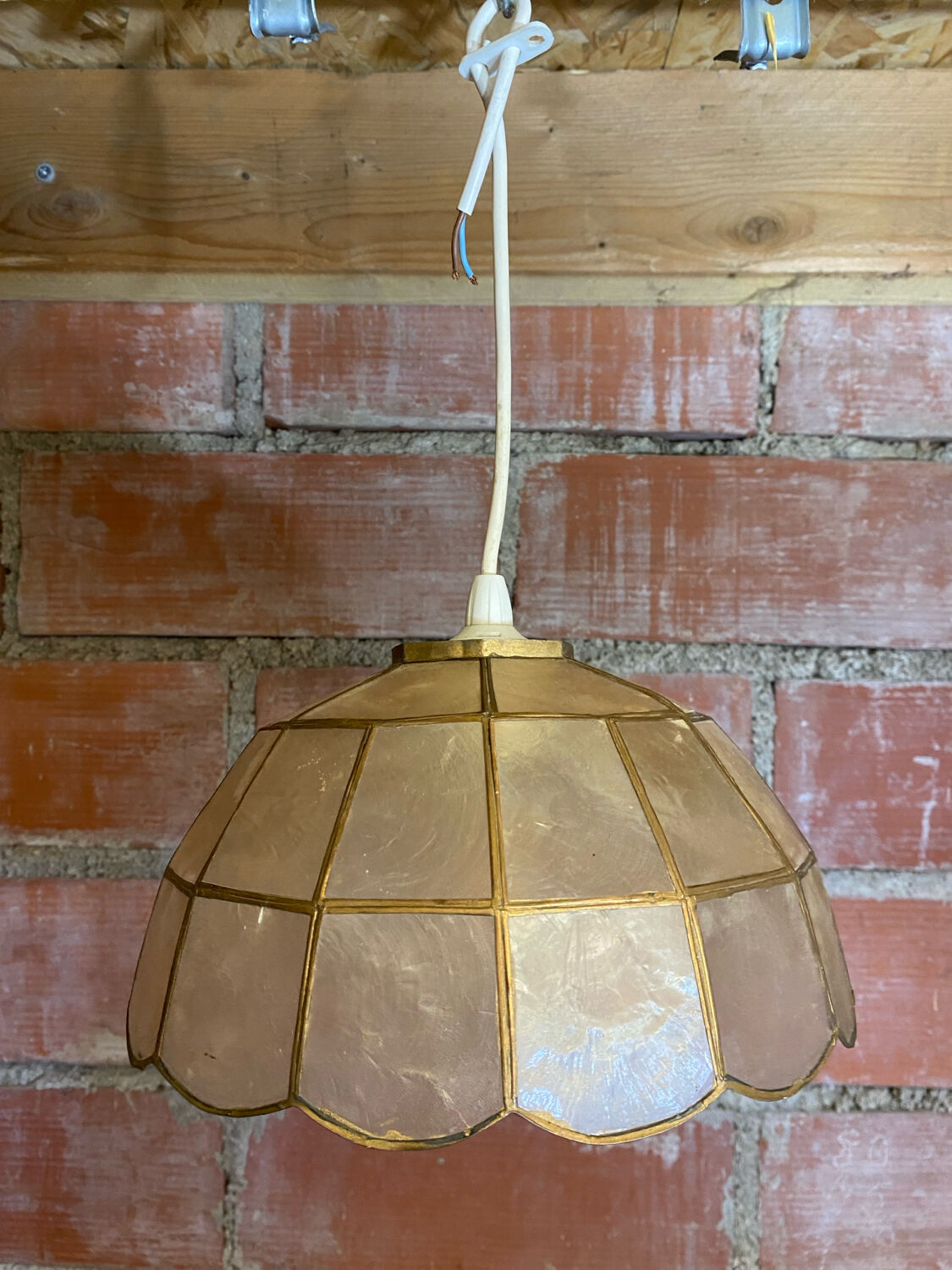 Antique Art Deco Style Pendant Light, Mother-of-Pearl & Brass, 1970s Vintage