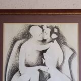 Large framed ink drawing – Embracing couple