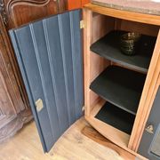 Renovated art deco walnut sideboard with beveled glass door and marble tops