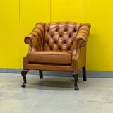 Fauteuil Club en cuir brun vintage Chesterfield Regency Style