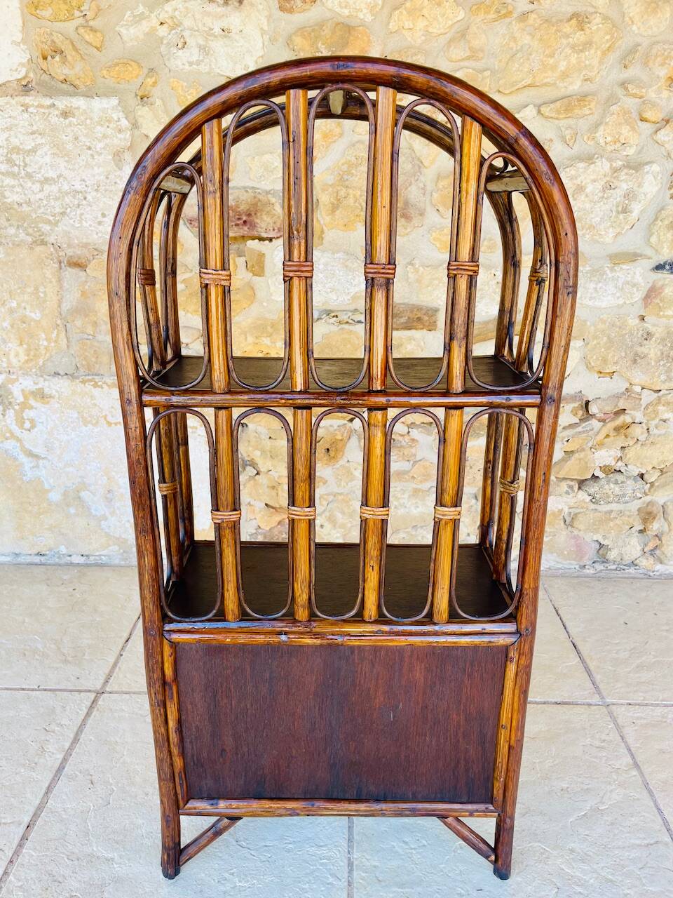 Vintage two-tier bamboo and rattan shelf with storage, Circa 1960