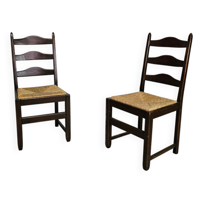 Ensemble de 2 chaises de salle à manger en chêne, rustiques, de ferme, à dossier en échelle avec sièges en jonc