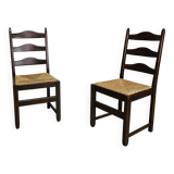 Set of 2 oak, rustic, farmhouse, ladderback dining chairs with rush seats