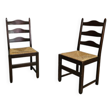 Ensemble de 2 chaises de salle à manger en chêne, rustiques, de ferme, à dossier en échelle avec sièges en jonc