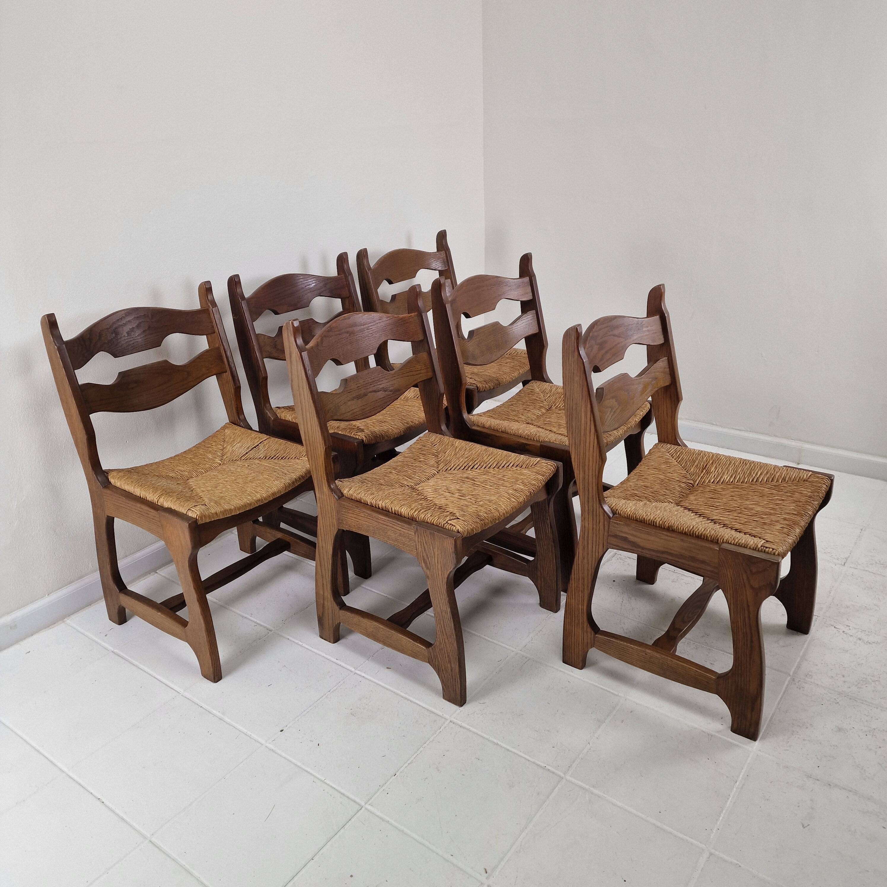 MidCentury Brutalist Oak "Razor Blade" Dining Chairs, Set of 6, France 60's