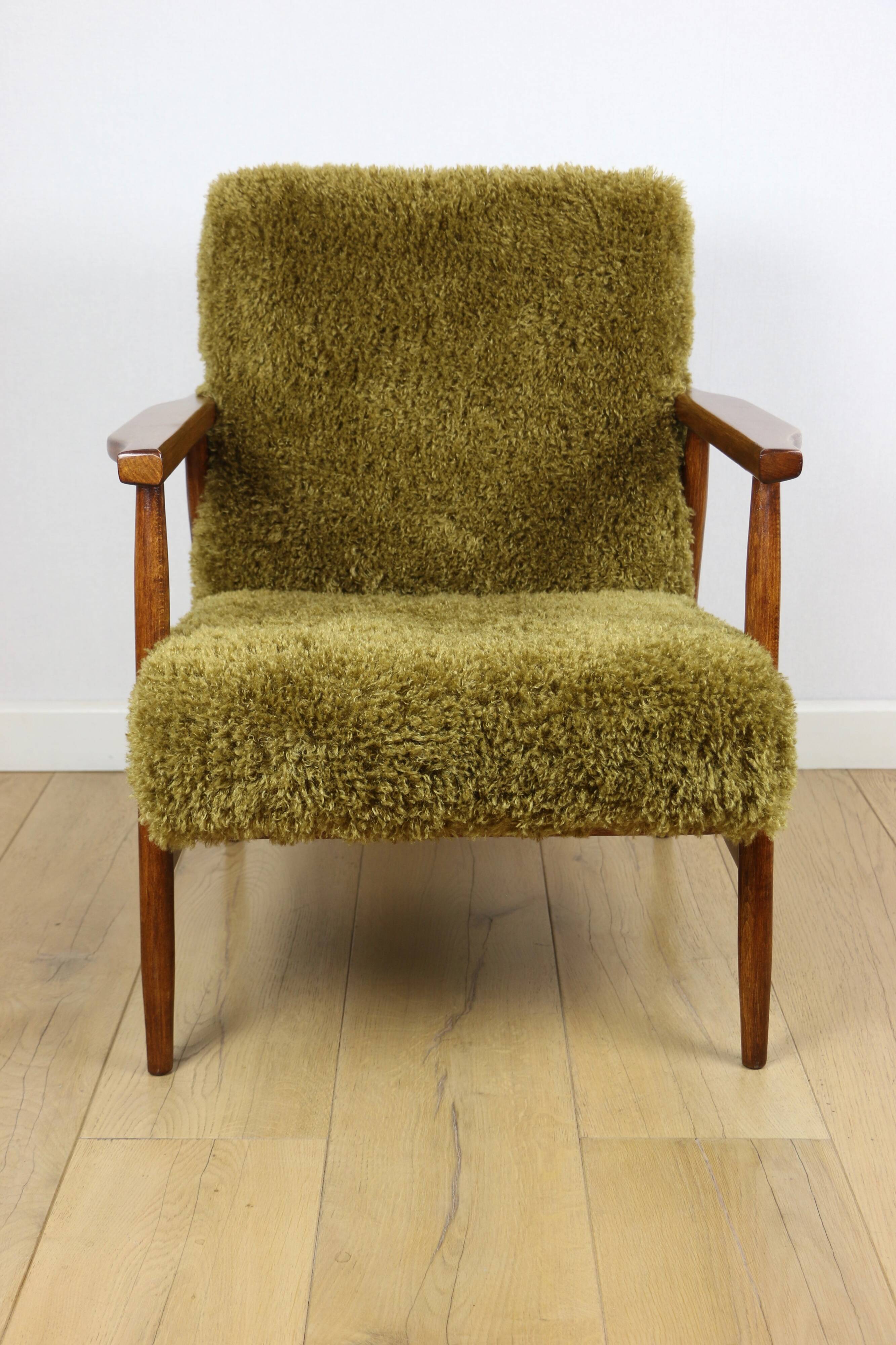 Vintage armchair, 1970s red fox - high pile khaki / olive - long pile