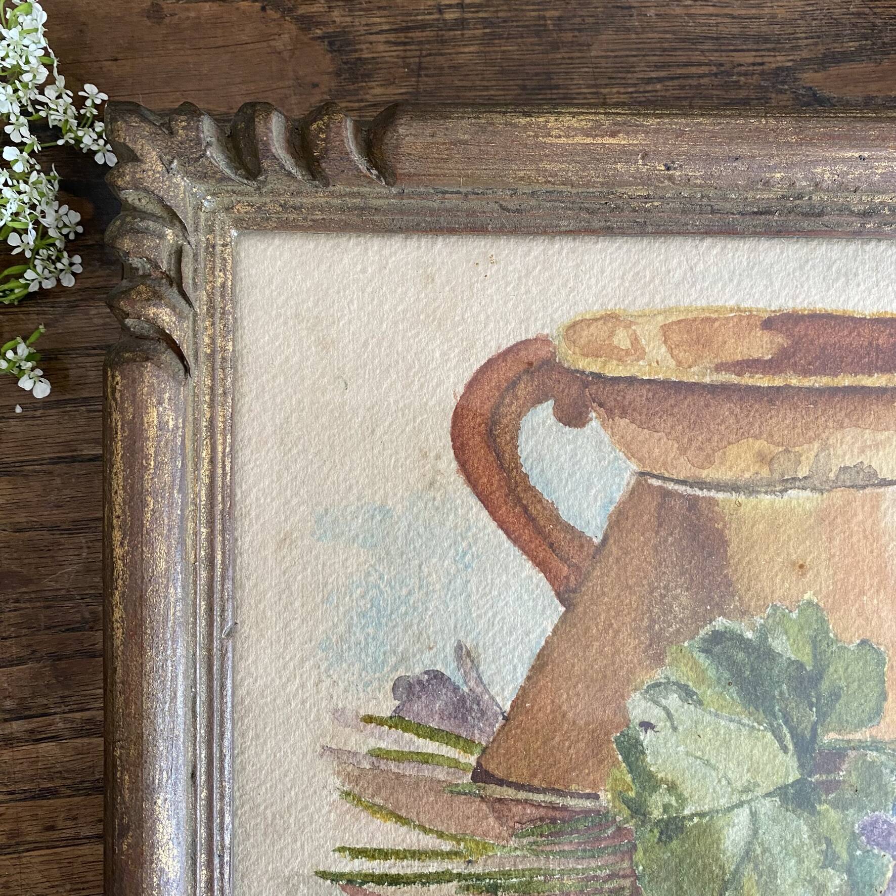 Peinture ancienne bouquet de fleurs, nature morte aquarelle violettes