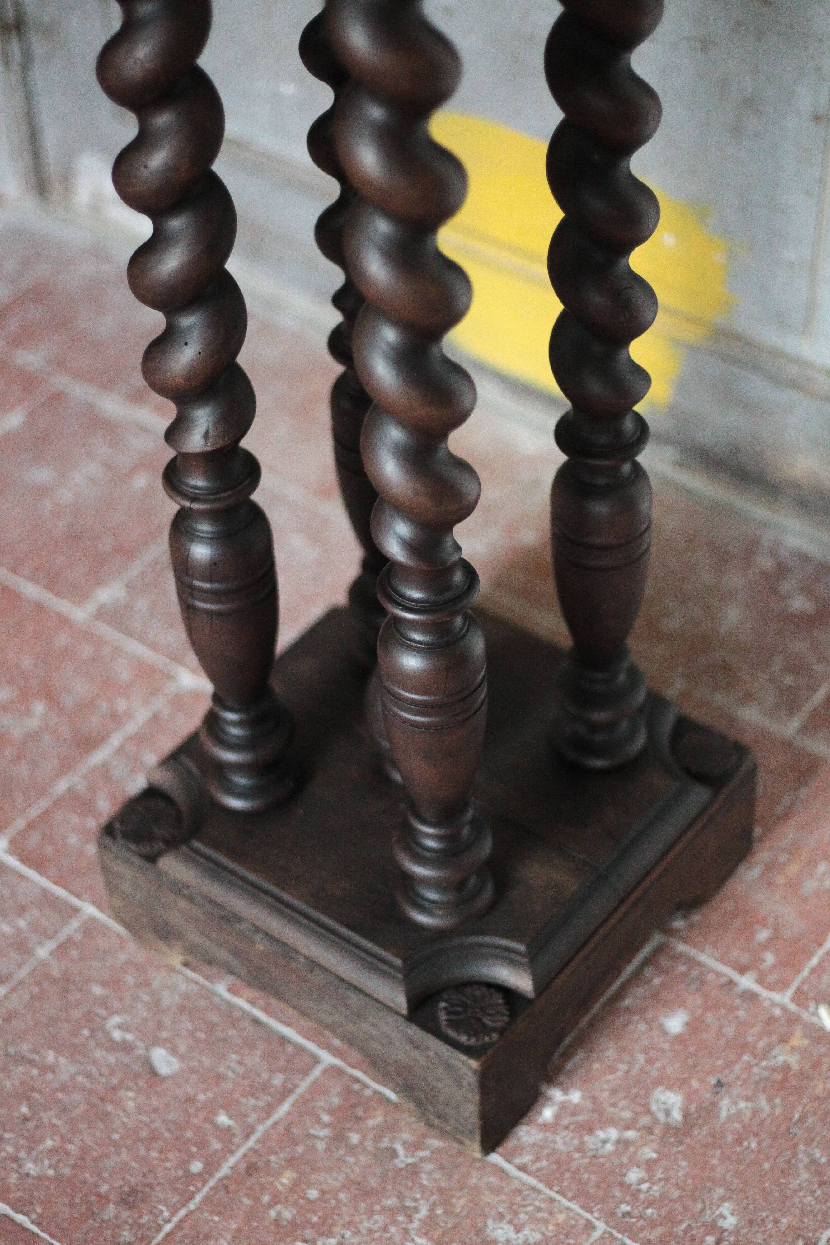 Vintage wood and marble side table, Louis XIII style turned wood pedestal table