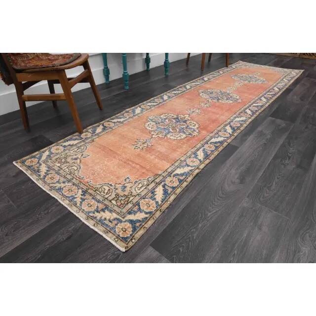 Vintage Turkish Oushak handmade wool cotton red runner rug 94x335