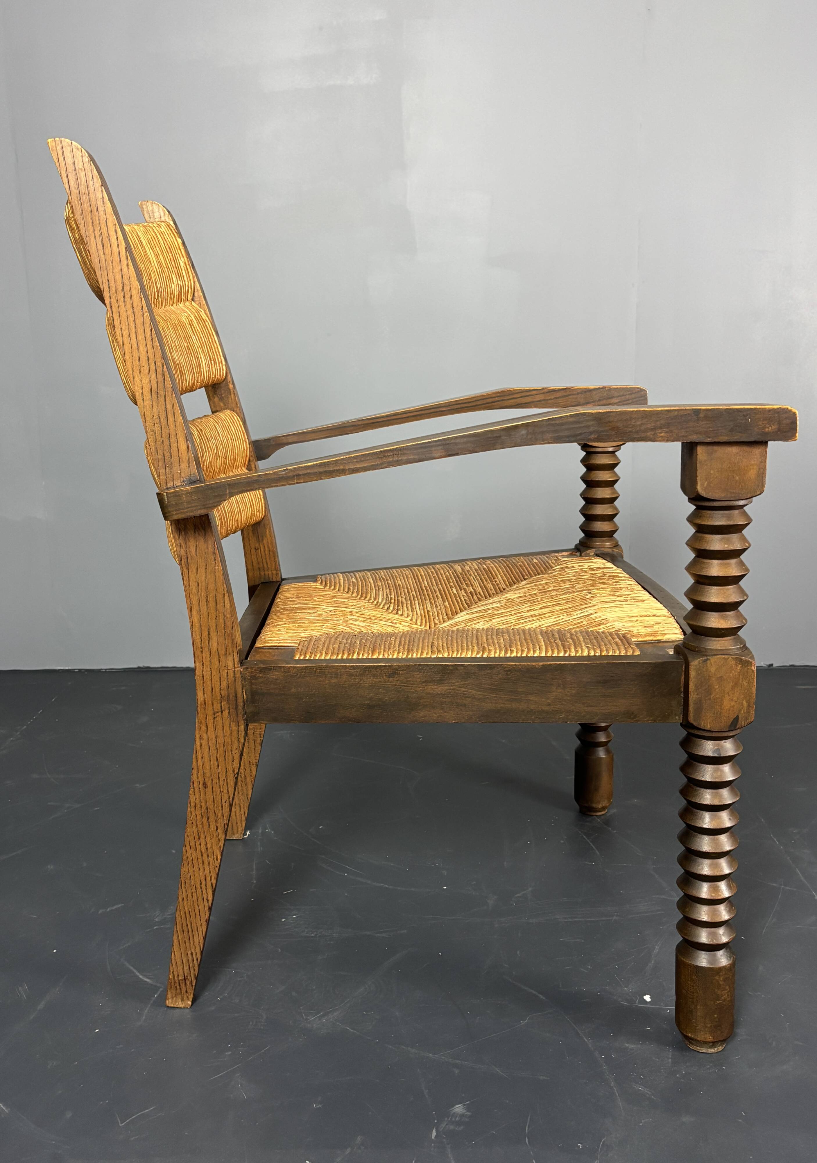 Wood turned rush armchair in the stye of Charles Dudouyt, France 1950s