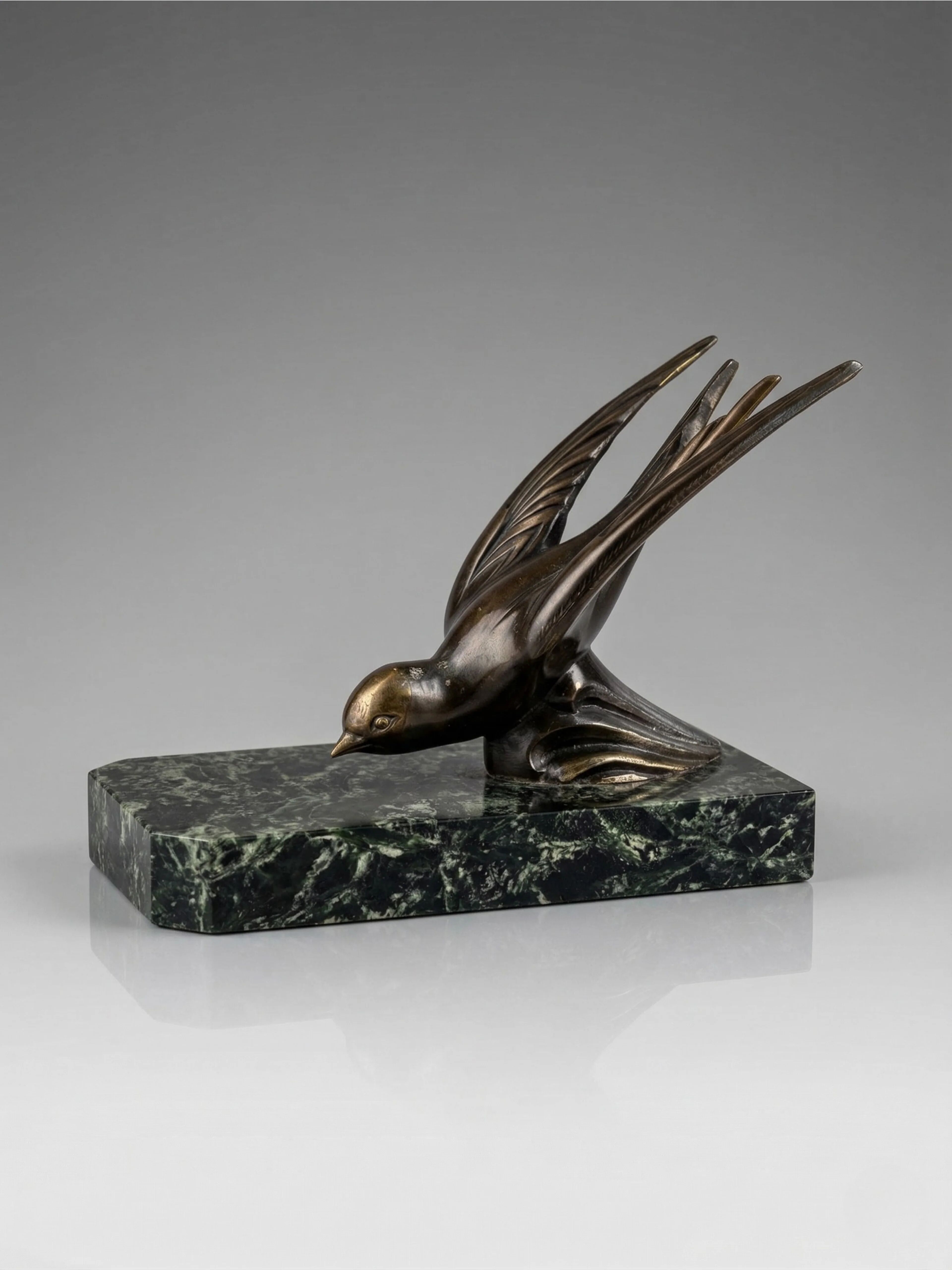 Art Deco bookends – Swallows in spelter on marble bases