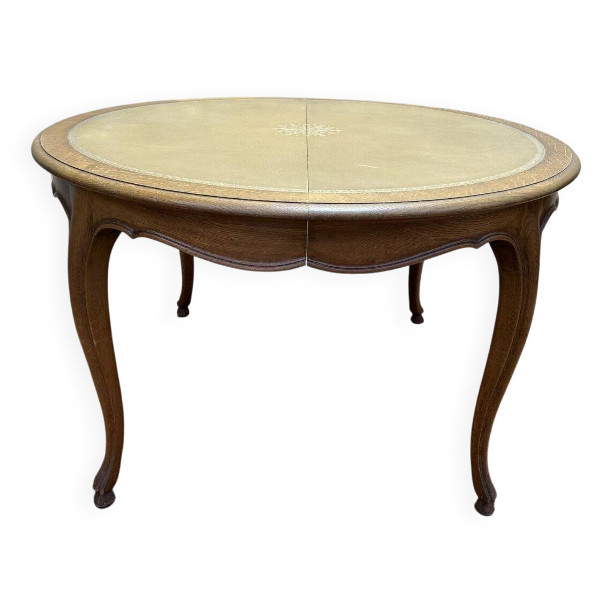 Round oak dining table with leather in Louis XV style.